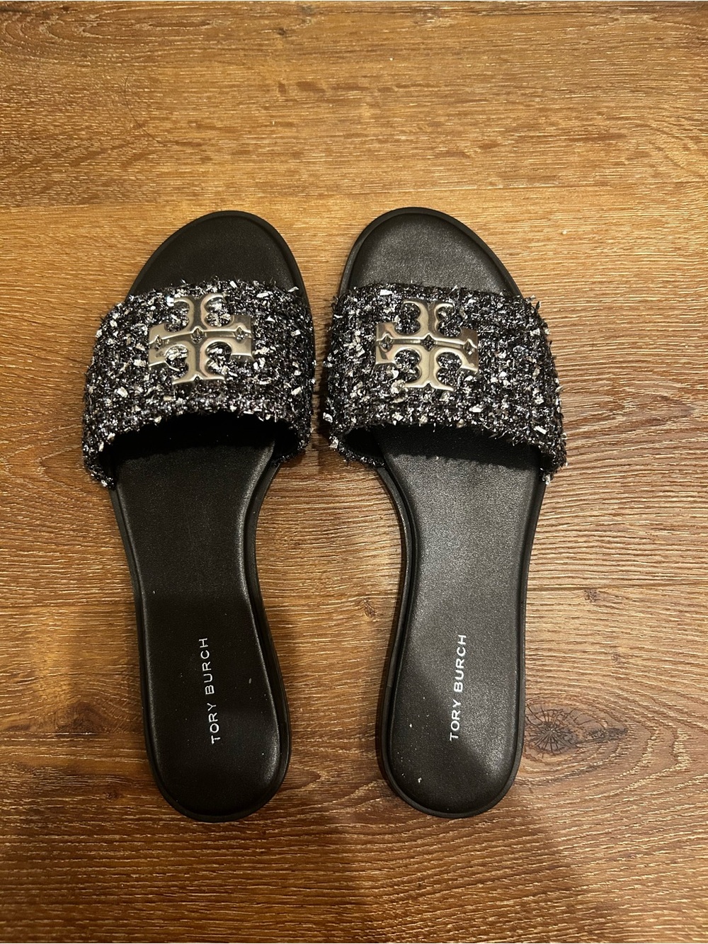Tory Burch Black Tweed Logo Slide Sandals with Silver Emblem